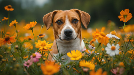 Portrait of a cute good boy dog in a clearing with different beautiful flowers, pet day, banner. High qualityの素材
