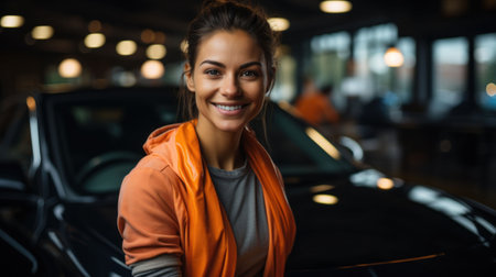 beautiful girl in an orange cape in an underground parking lot against the background of a black car, banner. Highの素材
