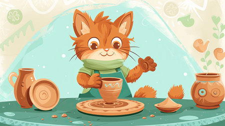 cartoon illustration red happy cat in an apron a clay pot in a pottery studio, poster. Highの素材