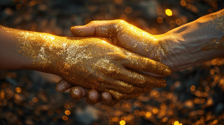 handshake between female and male hands smeared with gold sparkles, conclude an agreement, Golden Rule Day concept. Highの素材