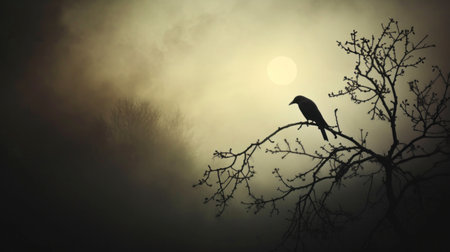 silhouette of a raven on a tree in an ominous fog against the backdrop of the moon, Halloween, banner, copy space. Hiの素材