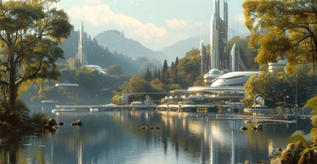 concept of a futuristic eco-friendly city of the future exists in harmony with the forest, copy space. High qualityの素材