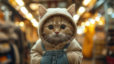 a cute red kitty in a brown hoodie walking alone in the shopping center, poster. Highの素材