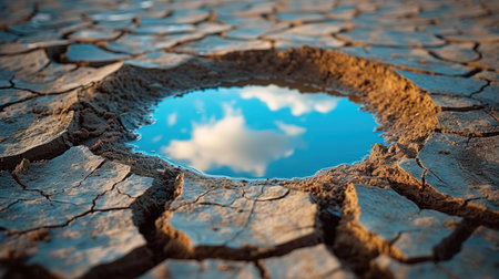 water source on dry cracked ground with sky reflection, protection of nature and water resources, poster. Highの素材