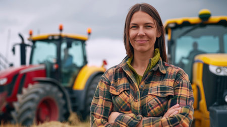 Proud attractive confident woman farmer standing in front of agricultural tractor, banner, copy space. Highの素材