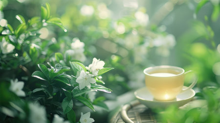 A picturesque view of a cup of tea in a blooming garden, ideal for relaxing and tasting tea, banner.の素材