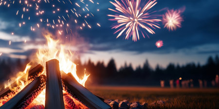 A campfire provides warmth as vibrant fireworks light up the night sky during outdoor celebrations.の素材