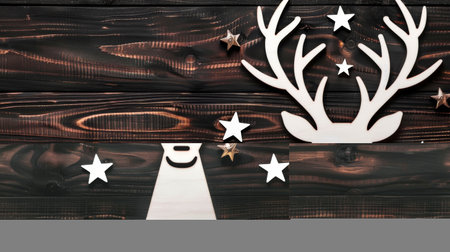 A festive logo features a reindeer and stars on a dark wood backdrop, perfect for holiday decor.の素材