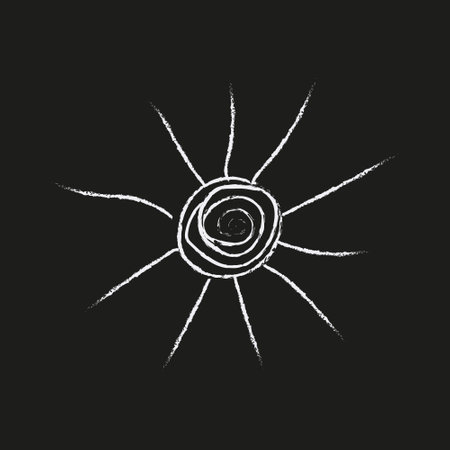 Doodle cosmos illustration in childish style. Hand drawn abstract sun. Black and white.のイラスト素材