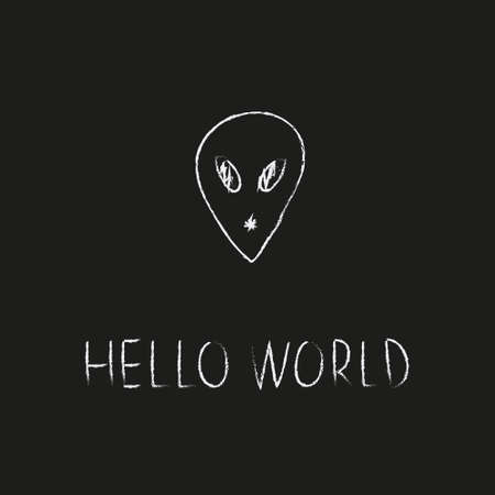 Doodle cosmos illustration in childish style. Hand drawn space card with lettering hello world, alien. Black and white.のイラスト素材