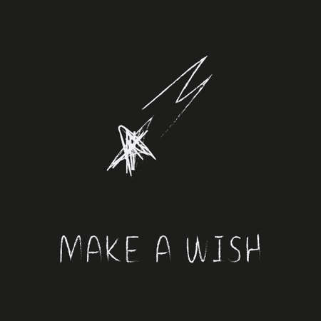 Doodle cosmos illustration in childish style. Hand drawn space card with lettering make a wish, scooting star. Black and white.のイラスト素材