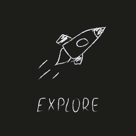 Doodle cosmos illustration in childish style. Hand drawn space card with lettering explore, rocket. Black and whiteのイラスト素材