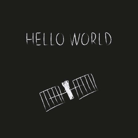 Doodle cosmos illustration in childish style. Hand drawn space card with lettering hello world, sattelite. Black and white.のイラスト素材