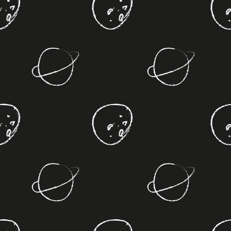 Doodle cosmic seamless pattern in childish style. Hand drawn abstract space planets. Black and white.のイラスト素材