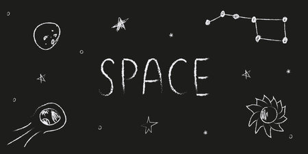 Doodle cosmos illustration set in childish style, design clipart. Hand drawn abstract space elements with lettering. Black and white.のイラスト素材
