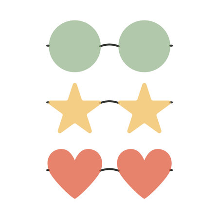Flat vector hippy boho round, heart, star shaped sunglasses illustration. Hand drawn retro groovy elements.のイラスト素材