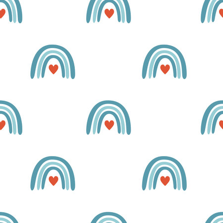 Vector flat hand drawn seamless pattern with cute rainbows. Flat vector hippy boho illustrationのイラスト素材