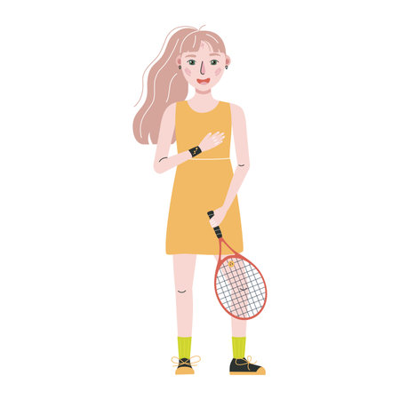 Flat vector illustration in childish style. Hand drawn tennis player. Kids trainingのイラスト素材