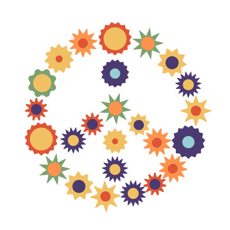 Flat vector hippy boho illustration. Hand drawn retro groovy flower pacific, peace symbolのイラスト素材