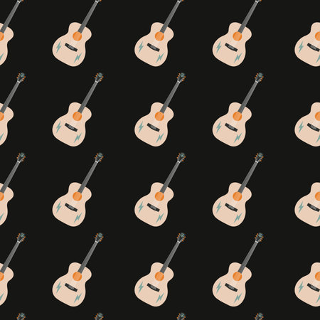 Vector flat hand drawn seamless pattern with guitar. Flat vector hippy boho illustration.のイラスト素材