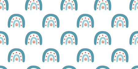 Vector flat hand drawn seamless pattern with cute rainbows. Flat vector hippy boho illustrationのイラスト素材