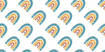 Vector flat hand drawn seamless pattern with cute rainbows. Flat vector hippy boho illustrationのイラスト素材