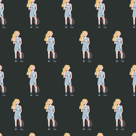 Hand drawn seamless pattern. Tennis player with racketのイラスト素材