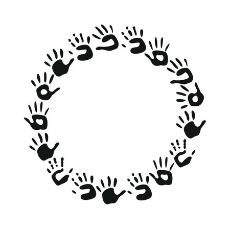 Flat vector painting tools in childish style. Hand drawn round frame of palm printsのイラスト素材