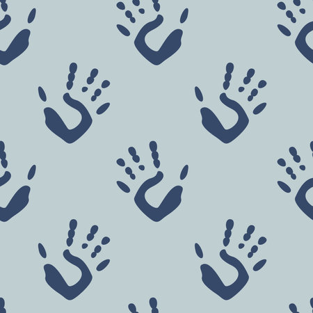 Vector flat hand drawn seamless pattern with hand print, palm stamp, fingers silhouetteのイラスト素材