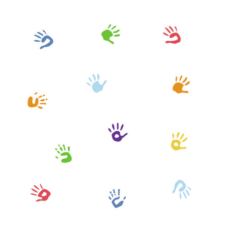 Flat vector painting tools in childish style. Hand drawn hand print, palm silhouetteのイラスト素材