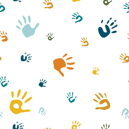 Vector flat hand drawn seamless pattern with hand print, palm stamp, fingers silhouetteのイラスト素材