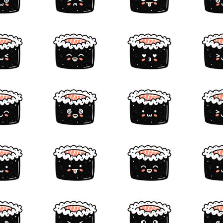 Kawaii sushi illustration. Vector flat hand drawn seamless patternのイラスト素材