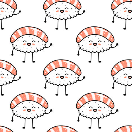 Kawaii sushi illustration. Vector flat hand drawn seamless patternのイラスト素材