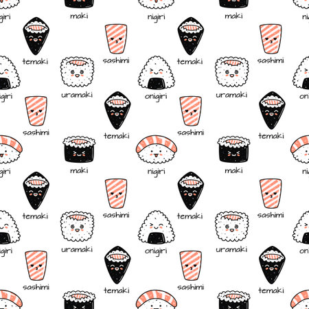 Kawaii sushi illustration. Vector flat hand drawn seamless patternのイラスト素材