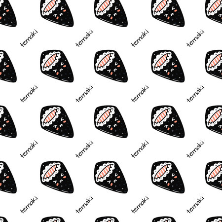 Kawaii sushi illustration. Vector flat hand drawn seamless patternのイラスト素材