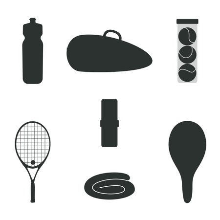 Flat vector silhouette illustration in childish style. Hand drawn tennis gear and equipmentのイラスト素材