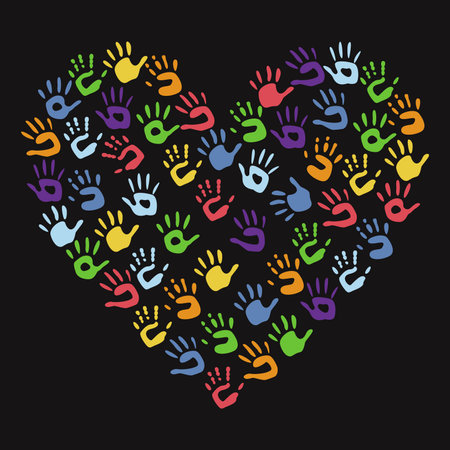 Flat vector painting tools in childish style. Hand drawn heart shaped frame of palm printsのイラスト素材