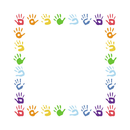 Flat vector painting tools in childish style. Hand drawn square frame of palm printsのイラスト素材