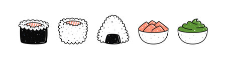 Set of kawaii sushi mascots in cartoon style. Different types of sushiのイラスト素材