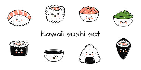 Set of kawaii sushi mascots in cartoon style. Different types of sushiのイラスト素材