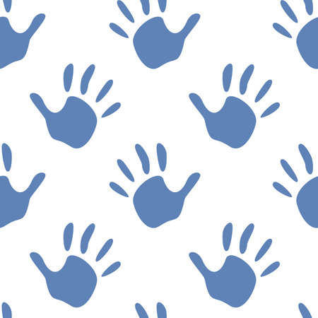Vector flat hand drawn seamless pattern with hand print, palm stamp, fingers silhouetteのイラスト素材