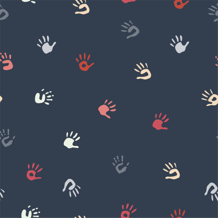 Vector flat hand drawn seamless pattern with hand print, palm stamp, fingers silhouetteのイラスト素材
