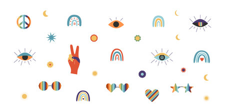 Flat vector hippy boho illustration. Hand drawn retro groovy elementsのイラスト素材