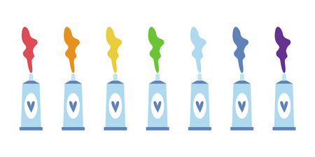 Flat vector painting tools in childish style. Hand drawn art supplies, opened tube with acrylic or oil paintのイラスト素材