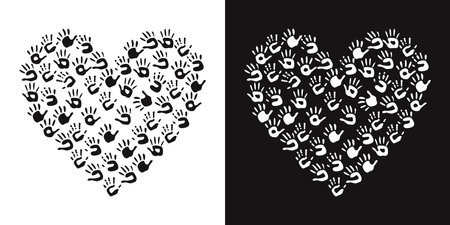 Flat vector painting tools in childish style. Hand drawn heart shaped frame of palm printsのイラスト素材