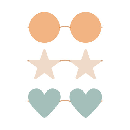 Flat vector hippy boho round, heart, star shaped sunglasses illustration. Hand drawn retro groovy elements.のイラスト素材
