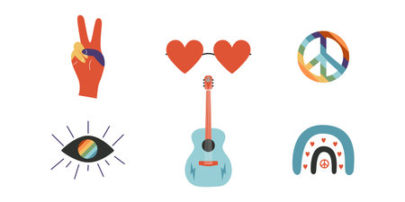 Flat vector hippy boho illustration. Hand drawn retro groovy elementsのイラスト素材