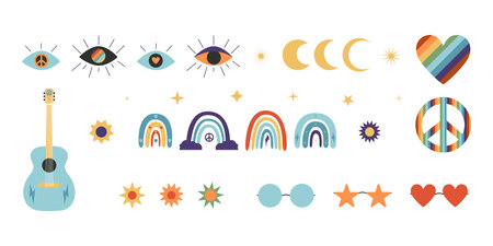 Flat vector hippy boho illustration. Hand drawn retro groovy elementsのイラスト素材