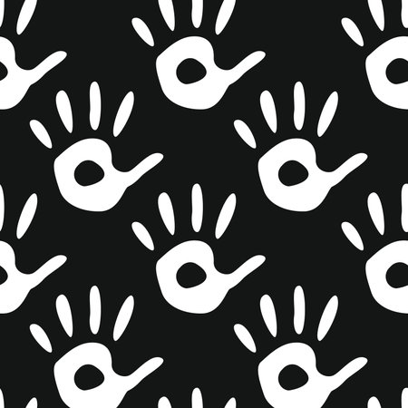 Vector flat hand drawn seamless pattern with hand print, palm stamp, fingers silhouetteのイラスト素材