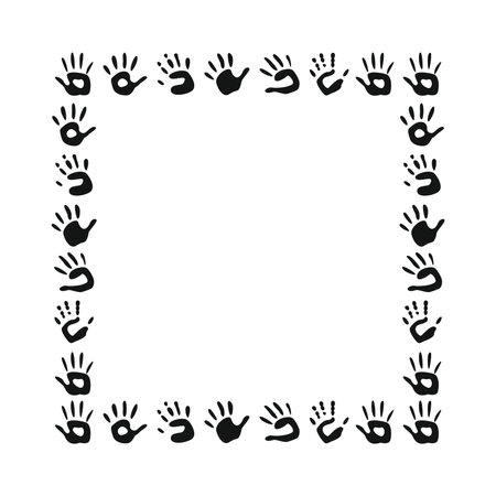 Flat vector painting tools in childish style. Hand drawn square frame of palm printsのイラスト素材